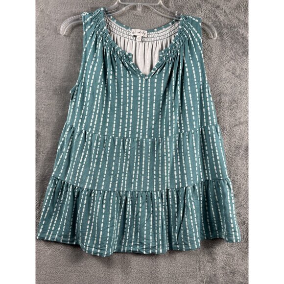 Wonderly Tops - Teal Sleeveless Tiered Ruffle Top With White Dotted Stripes V-Neck By Wonderly